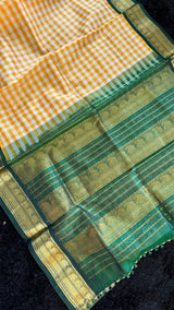 Yellow Checks Green Combo Silk Cotton Kanchipuram