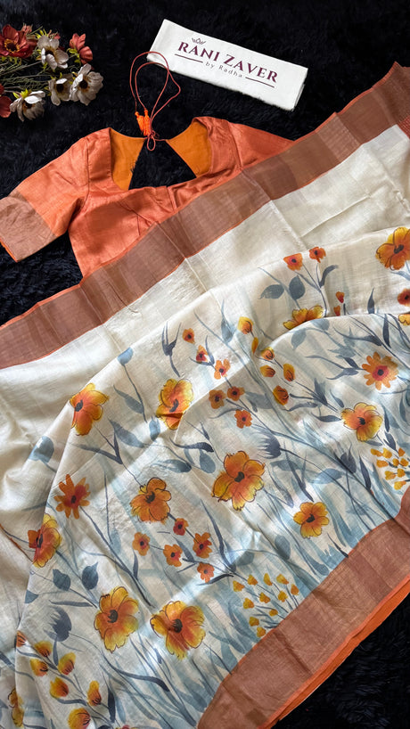 Rust Orange Hand Painted Tussar Silk