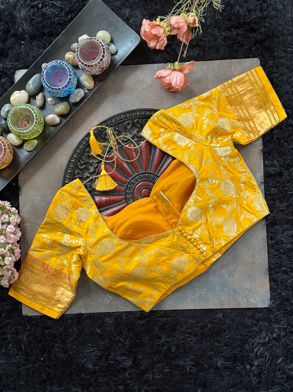 Yellow Jaal Brocade With Narali Style Gold Zari Border 38