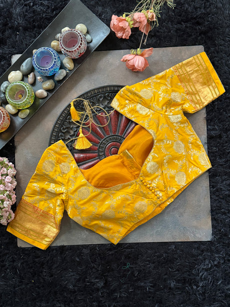 Yellow Jaal Brocade With Narali Style Gold Zari Border 38