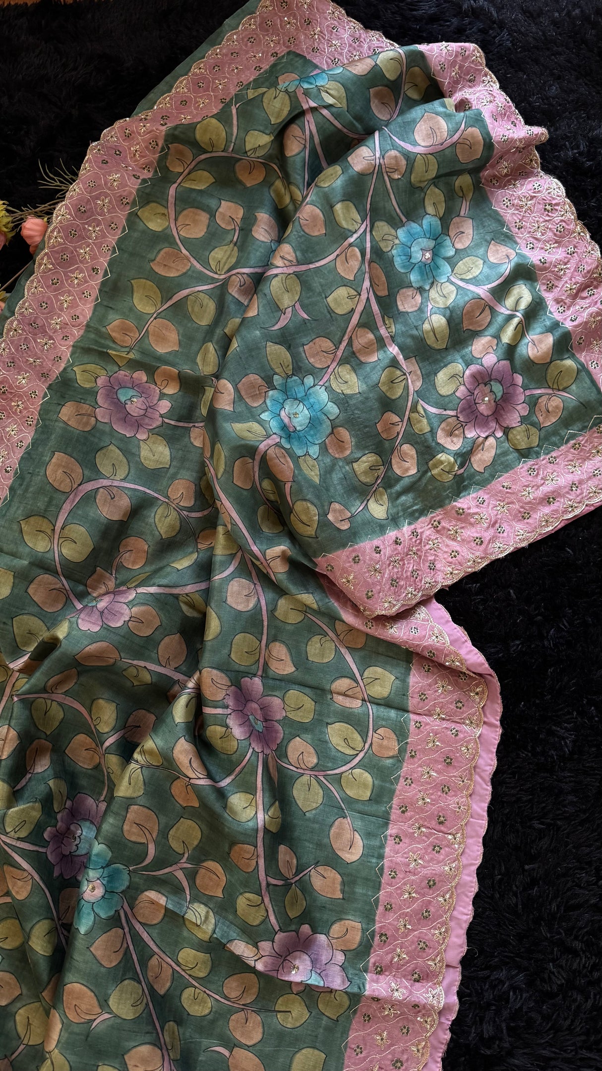 Green Tussar Silk Hand Painted