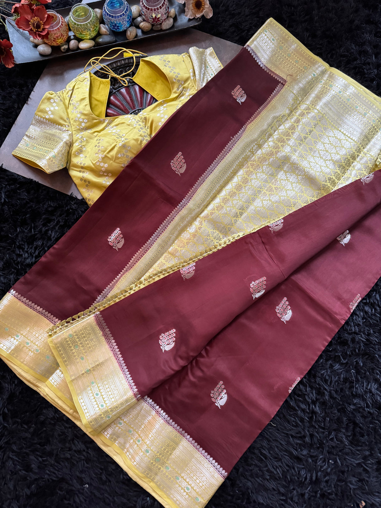 Maroon Yellow Banaras Raw Mango Silk
