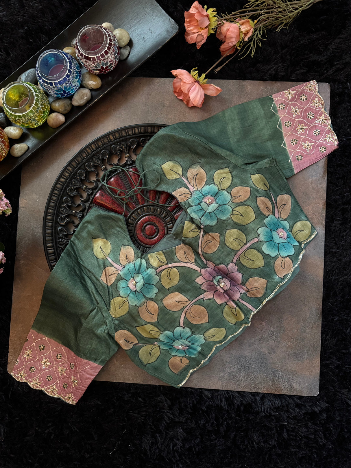 Green Tussar Silk Hand Painted
