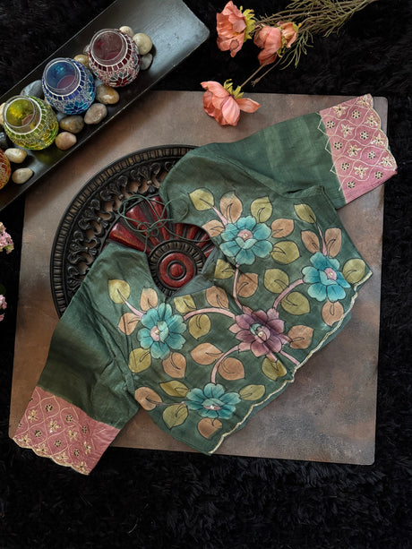 Green Tussar Silk Hand Painted