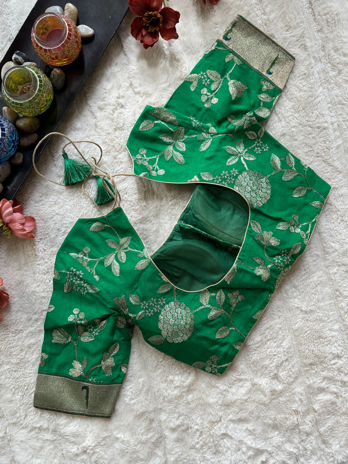 Green embroidered Silk Blouse 36