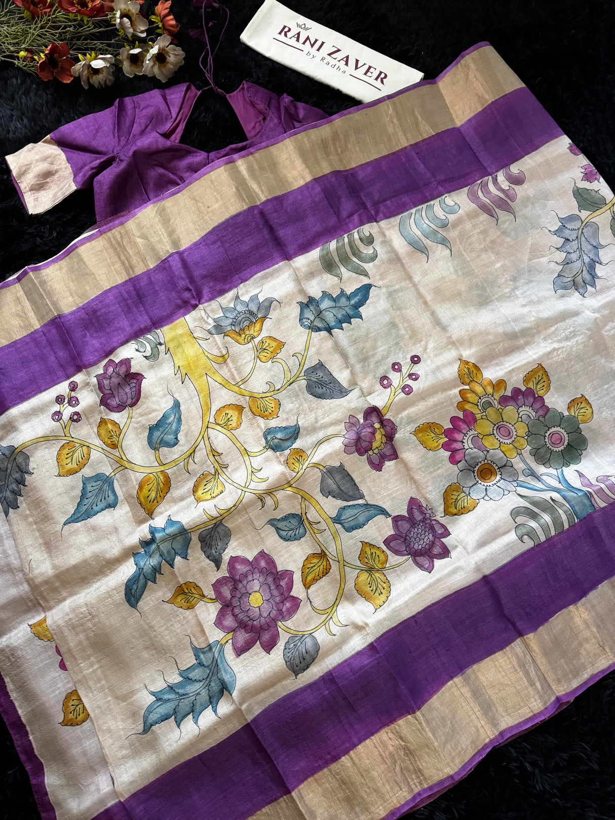 Purple Hand Painted Tussur Silk