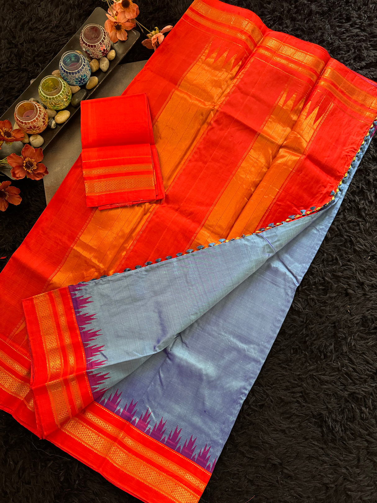 Sky Blue Chilli Red Ilkal Pure Silk