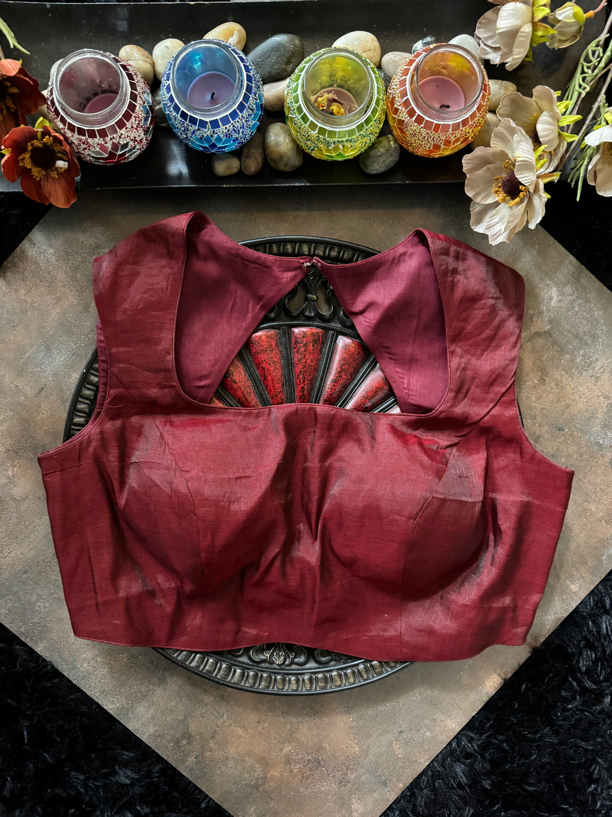 Burgundy Tissue Closed Shoulder Sleeveless Blouse 38