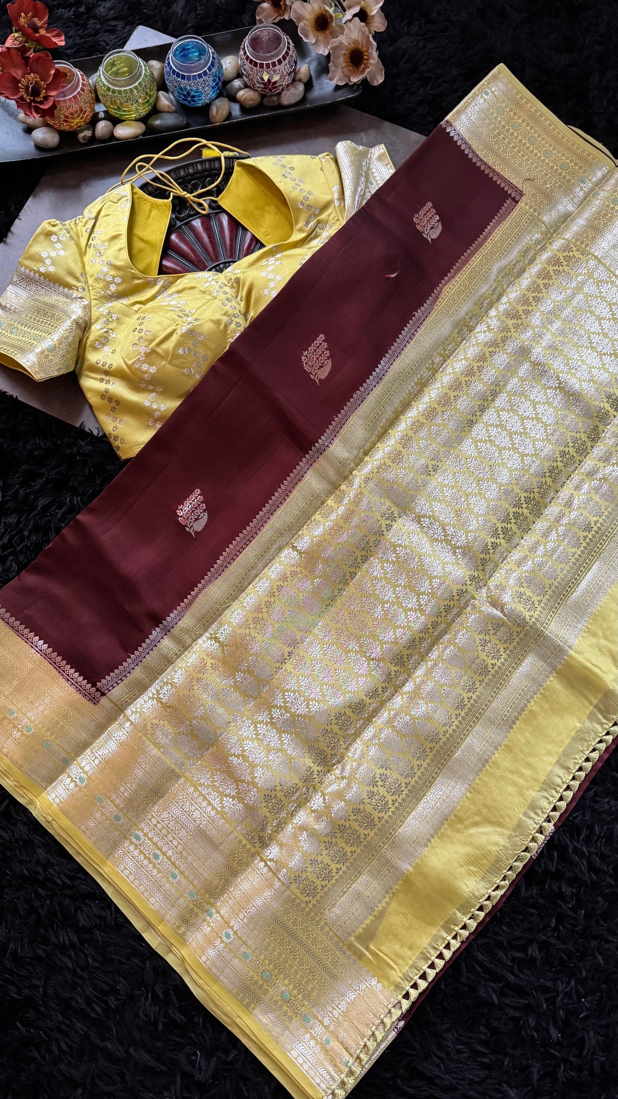 Maroon Yellow Banaras Raw Mango Silk