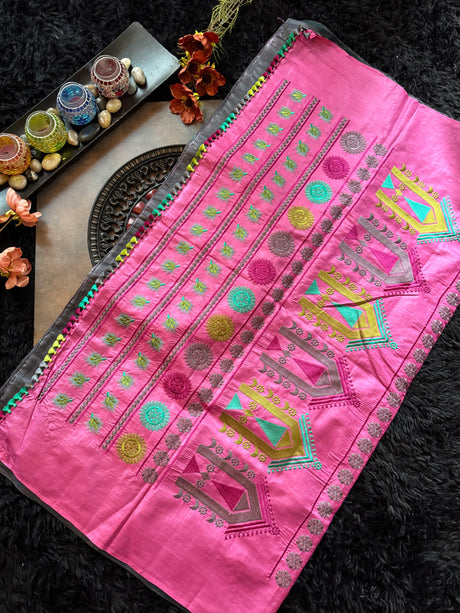 Dark Grey Kosa Tussar Silk With Dolabedi Embroidered Pallu