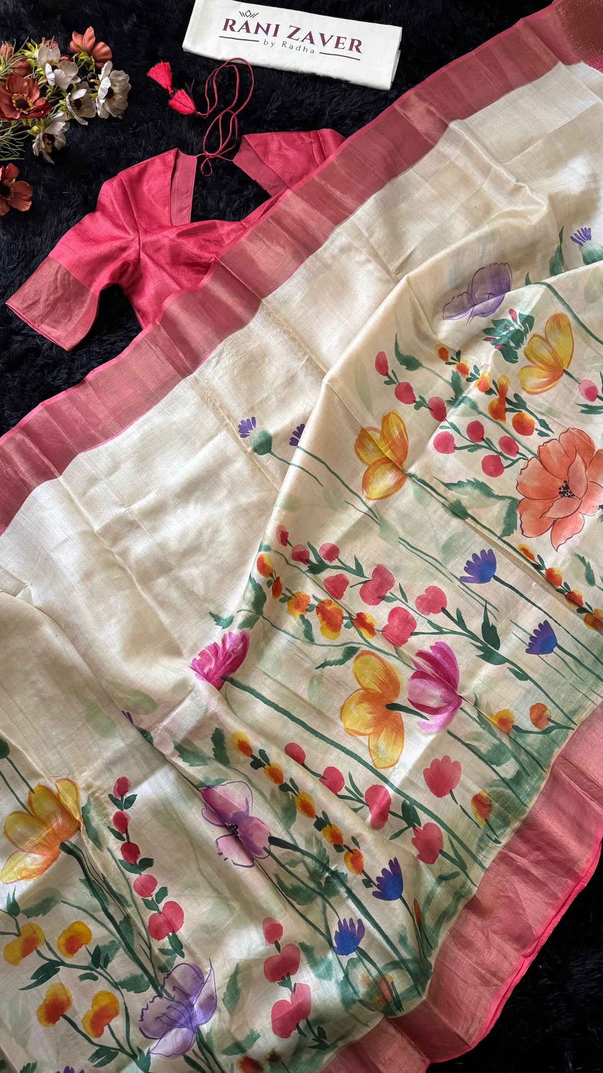 Red Hand Painted Tussar Silk