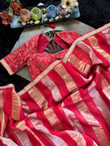 Red Organza abd Tissue Stripes With embroidered Blouse