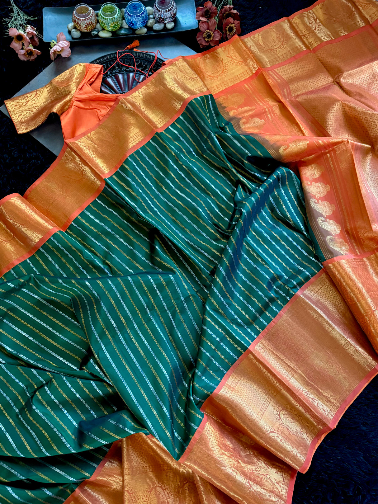 Green Stripes Orange Gadwal Handloom Pure Silk