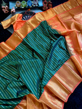 Green Stripes Orange Gadwal Handloom Pure Silk