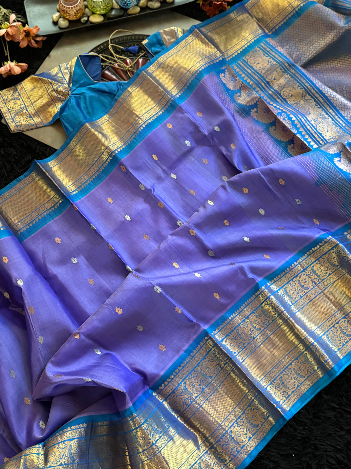 Lavender Teal Gadwal Handloom Pure Silk