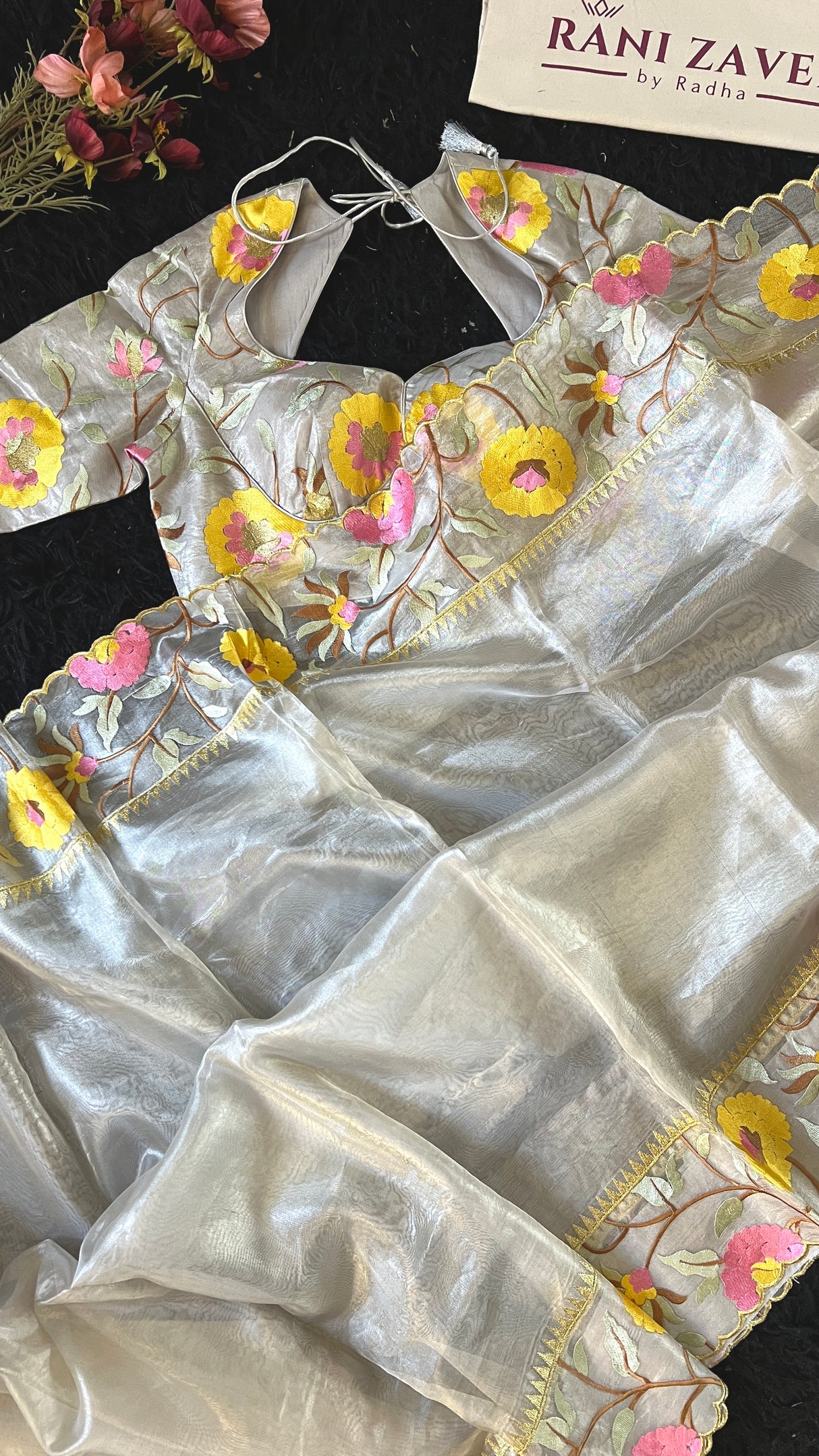 Silver Floral Border Organza