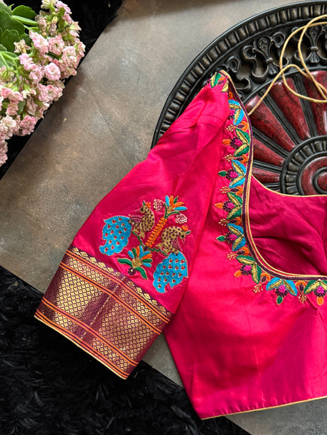 Pink Pure Silk Hand Embroidered With Narali Style Gold Zari Border 38