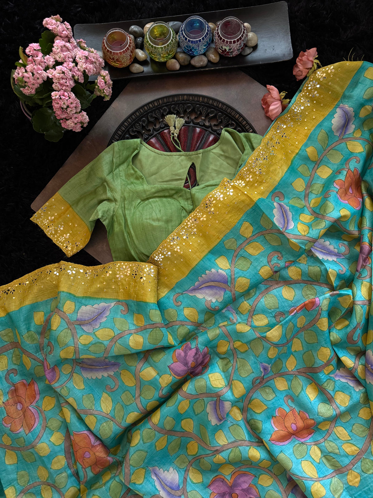 Turquoise Tussar Silk Hand Painted Kalamkari