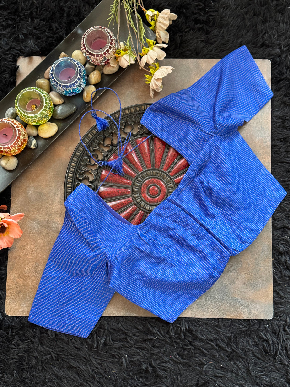 Royal Blue Vaira Ooosie Silk Leave Neck Blouse 38