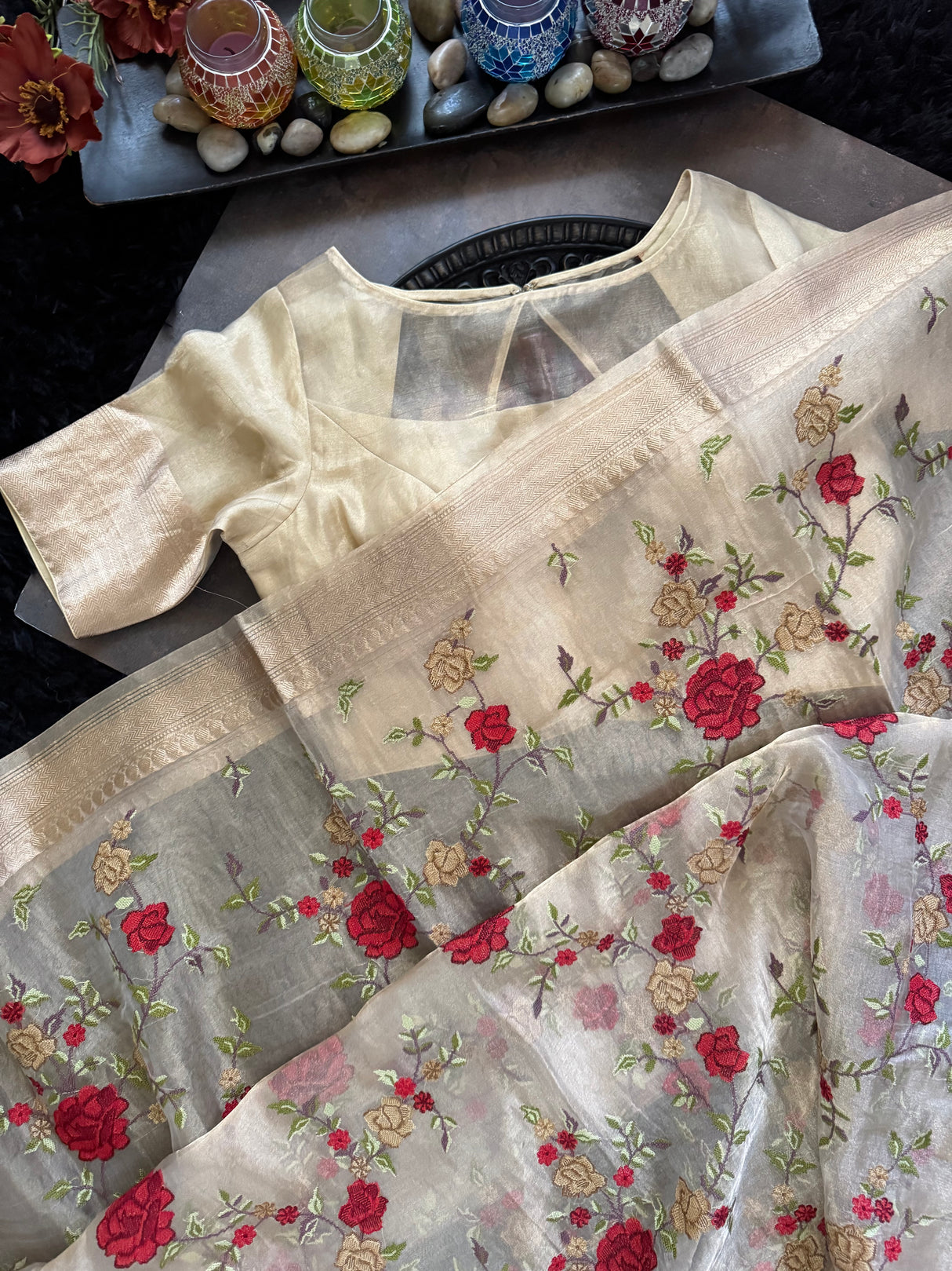 Beige Embroidered Banaras Kora