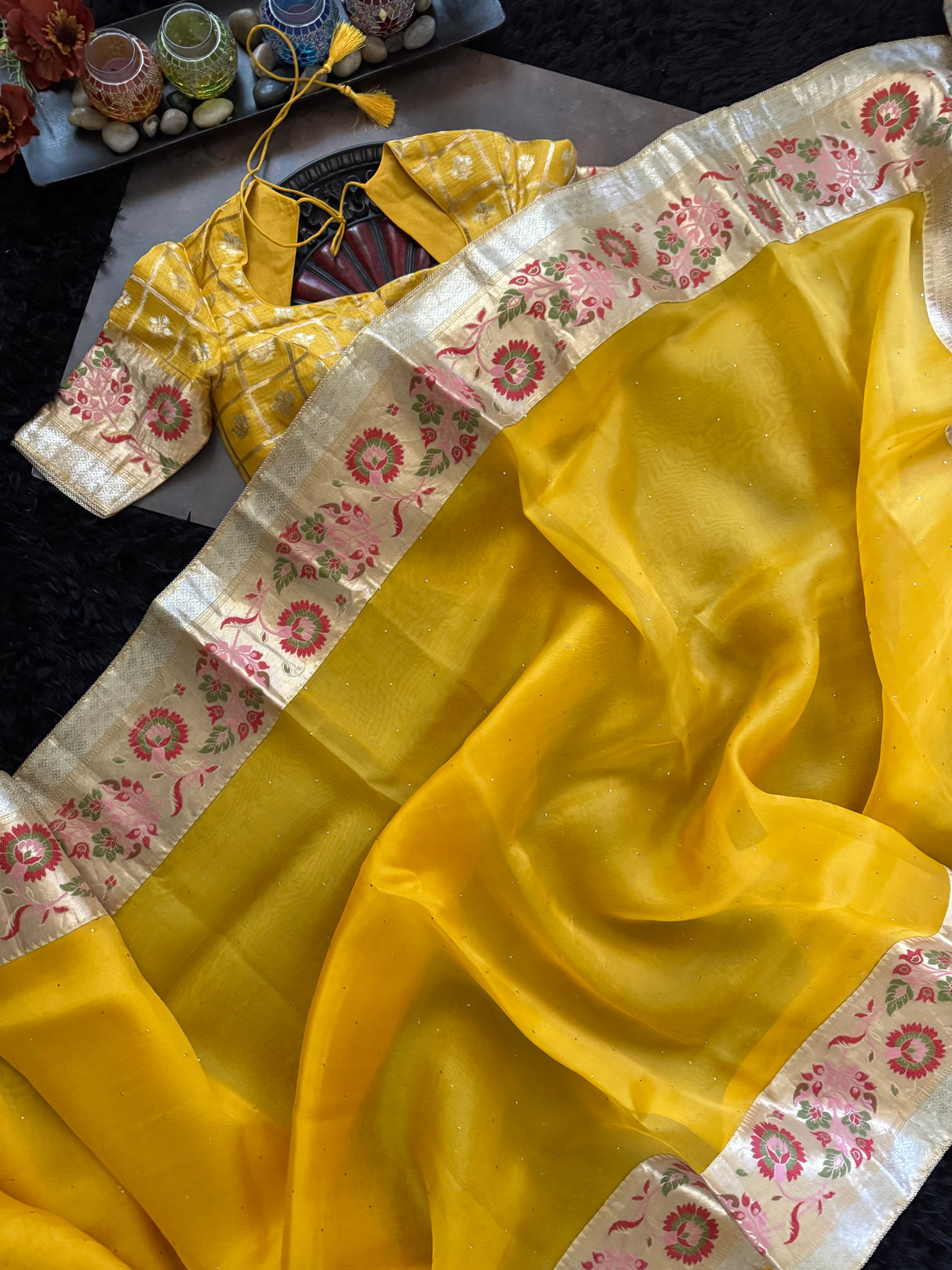 Yellow Organza with Designer Blouse