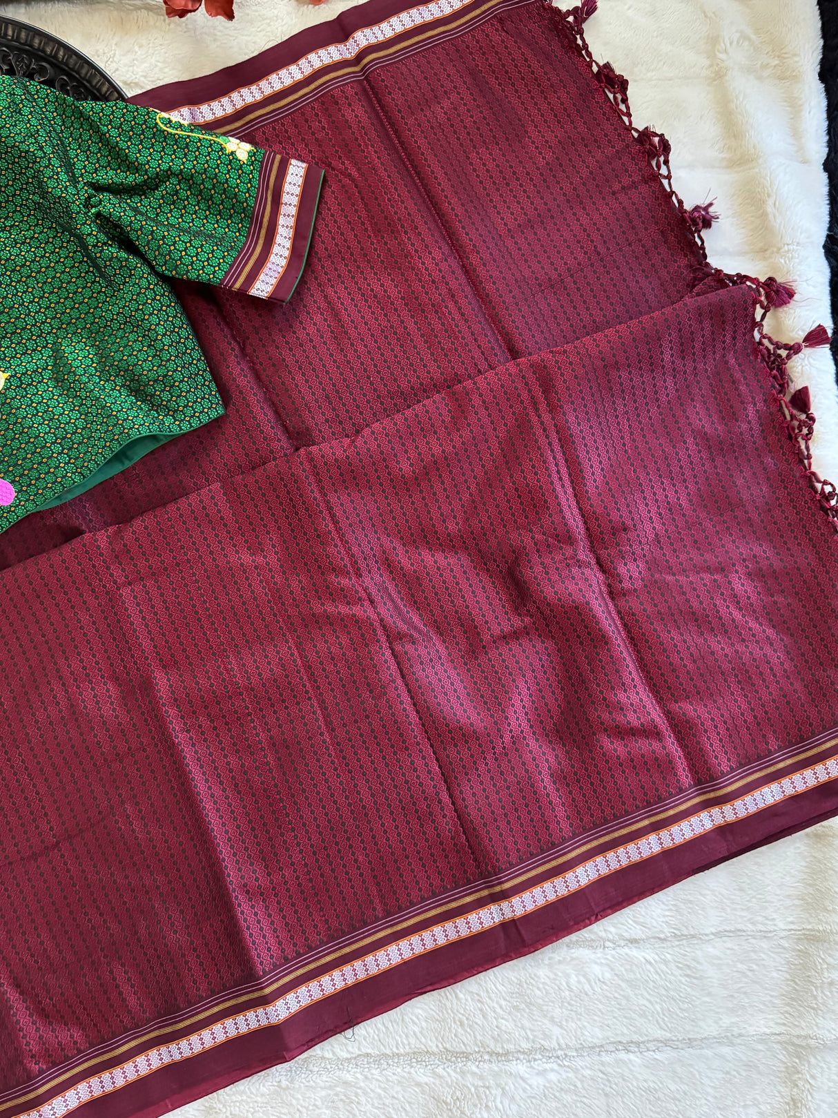 Maroon Green Nath Embroidered Khun Saree Set