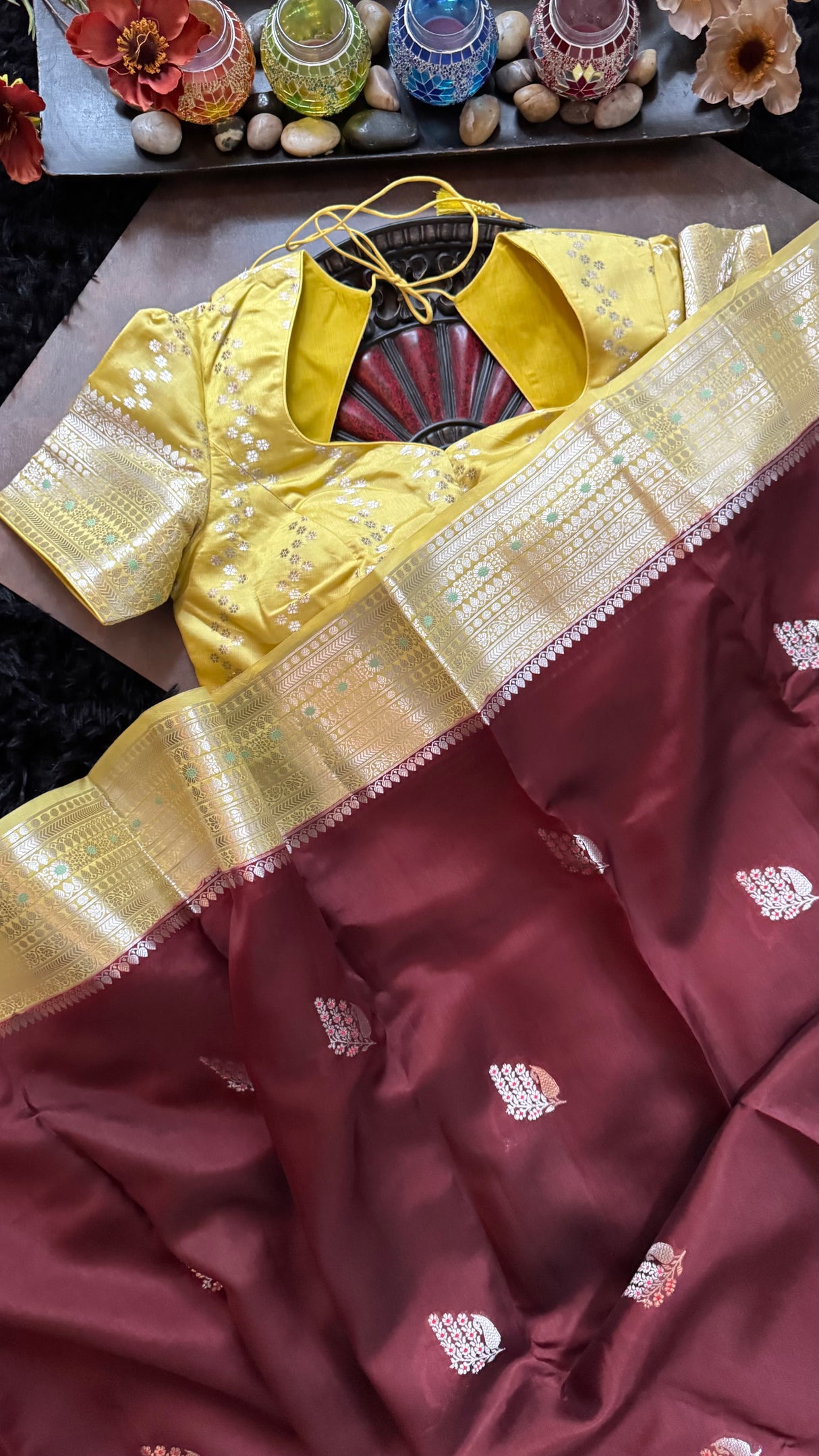 Maroon Yellow Banaras Raw Mango Silk