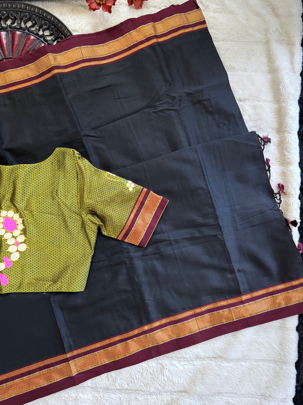 Black Olive Nath Embroidered Khun Saree Set