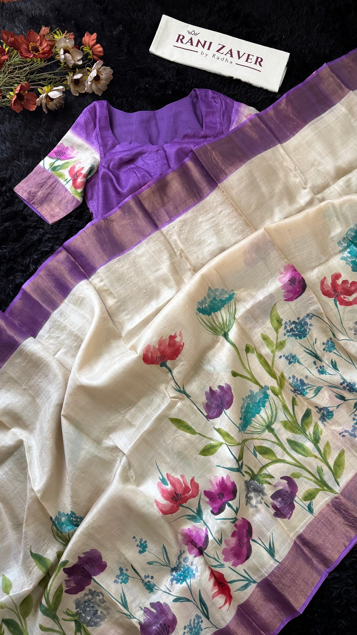 Purple Hand Painted Tussar Silk