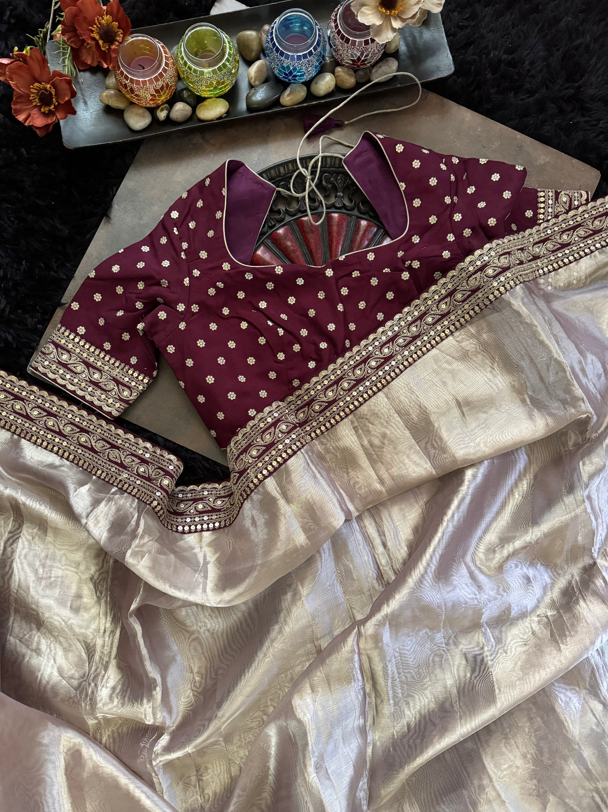 Tissue Kora With Sabyasachi Borders and Wine Designer Blouse