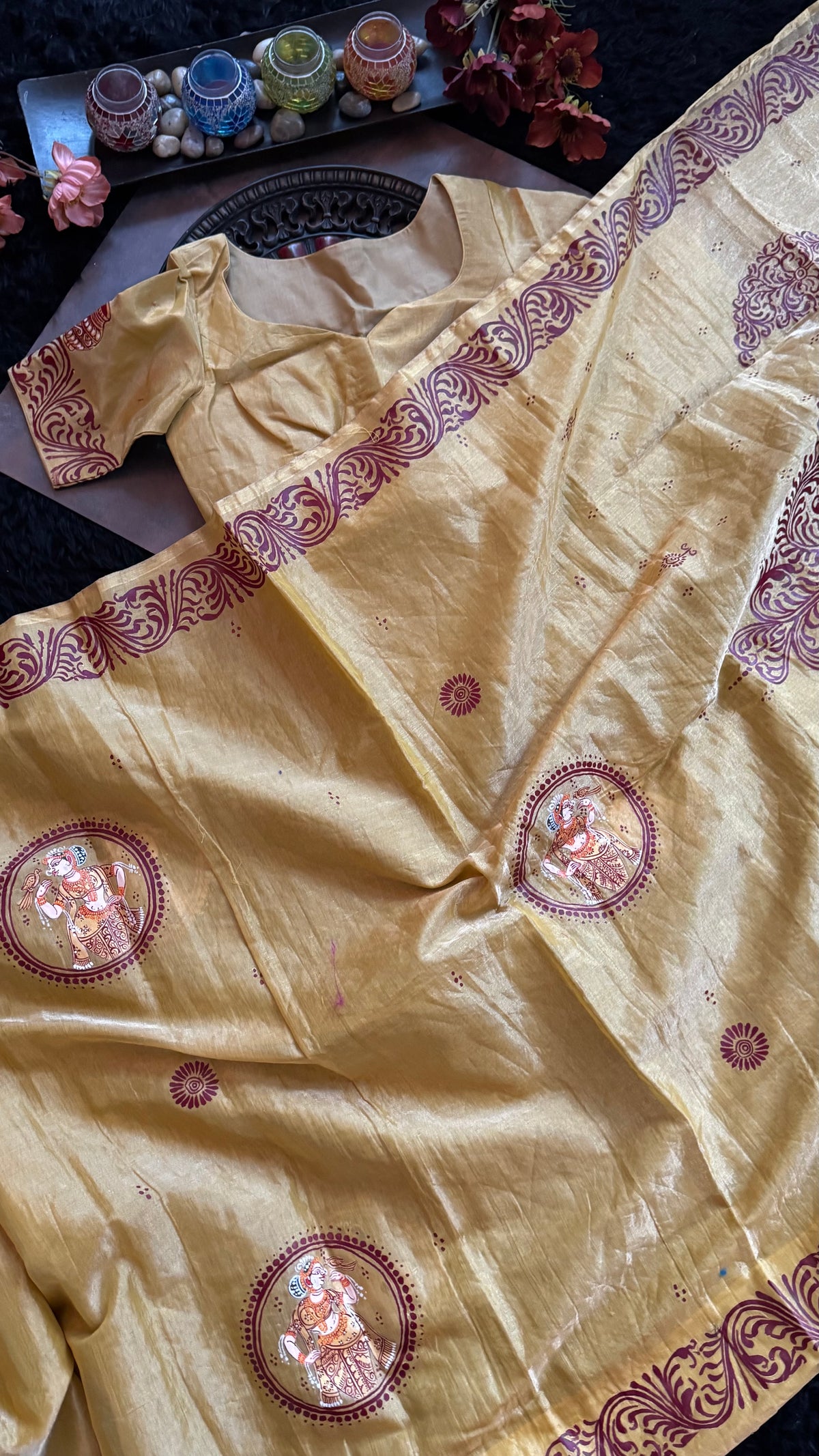 Light Gold Tissue saree Patachitra Painting