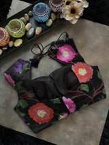 Black Closed Shoulder Floral Embroidered