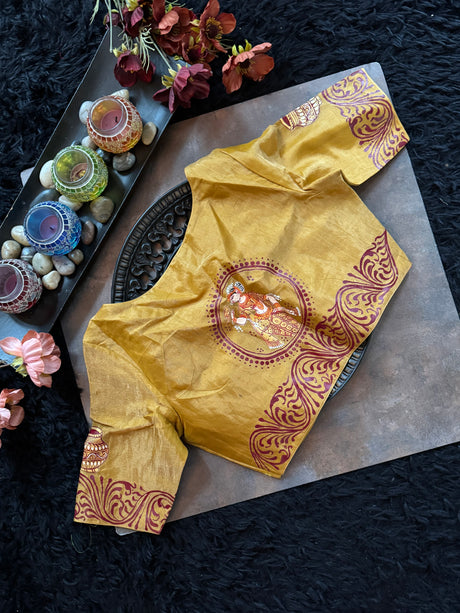 Mustard Gold Tissue saree Patachitra Painting