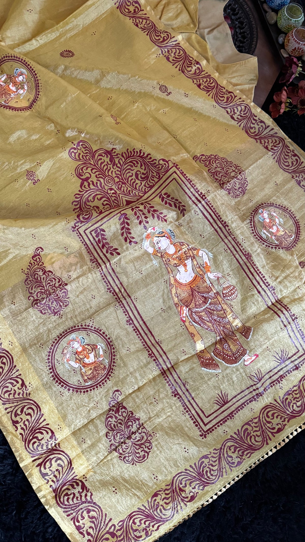 Light Gold Tissue saree Patachitra Painting