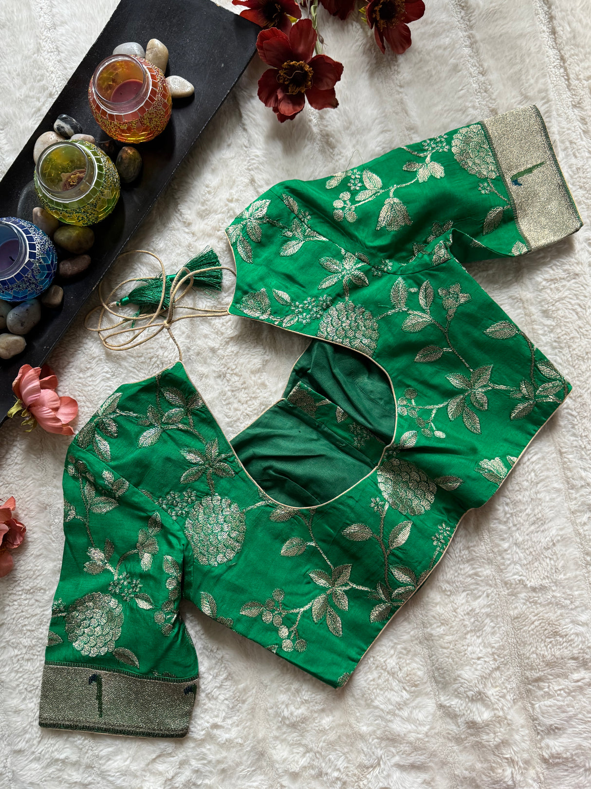 Green embroidered Silk Blouse 38