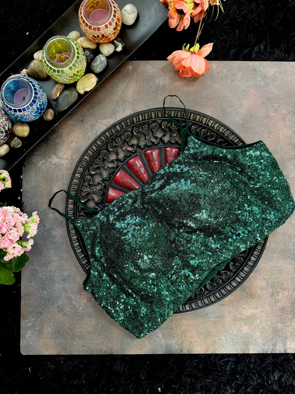 Green Sequins Spaghetti Strap Blouse 38