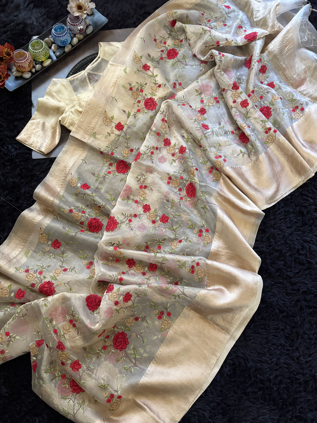Beige Embroidered Banaras Kora