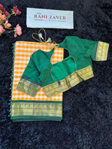 Yellow Checks Green Combo Silk Cotton Kanchipuram