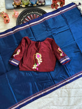 Navy Blue Maroon Nath Embroidered Khun Saree Set
