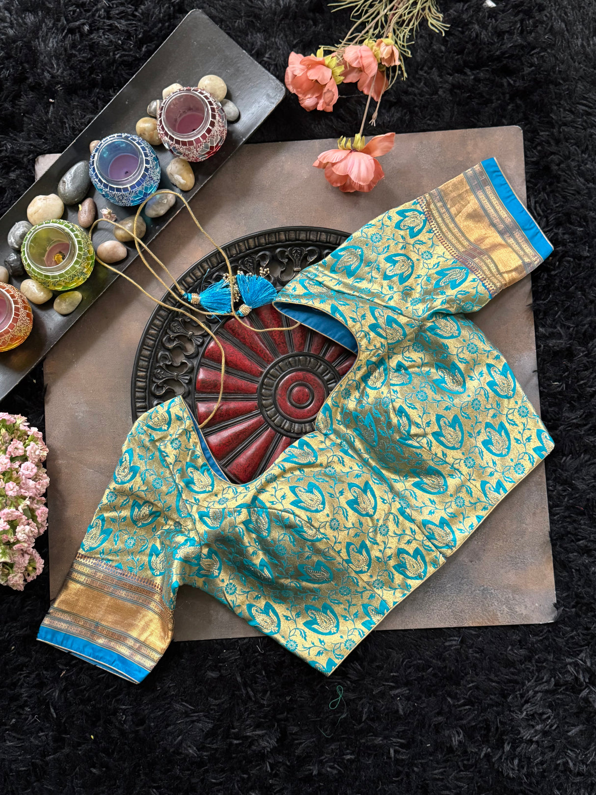 Turquoise Borocade With Narali Style Gold Zari Border 38