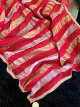 Red Organza abd Tissue Stripes With embroidered Blouse