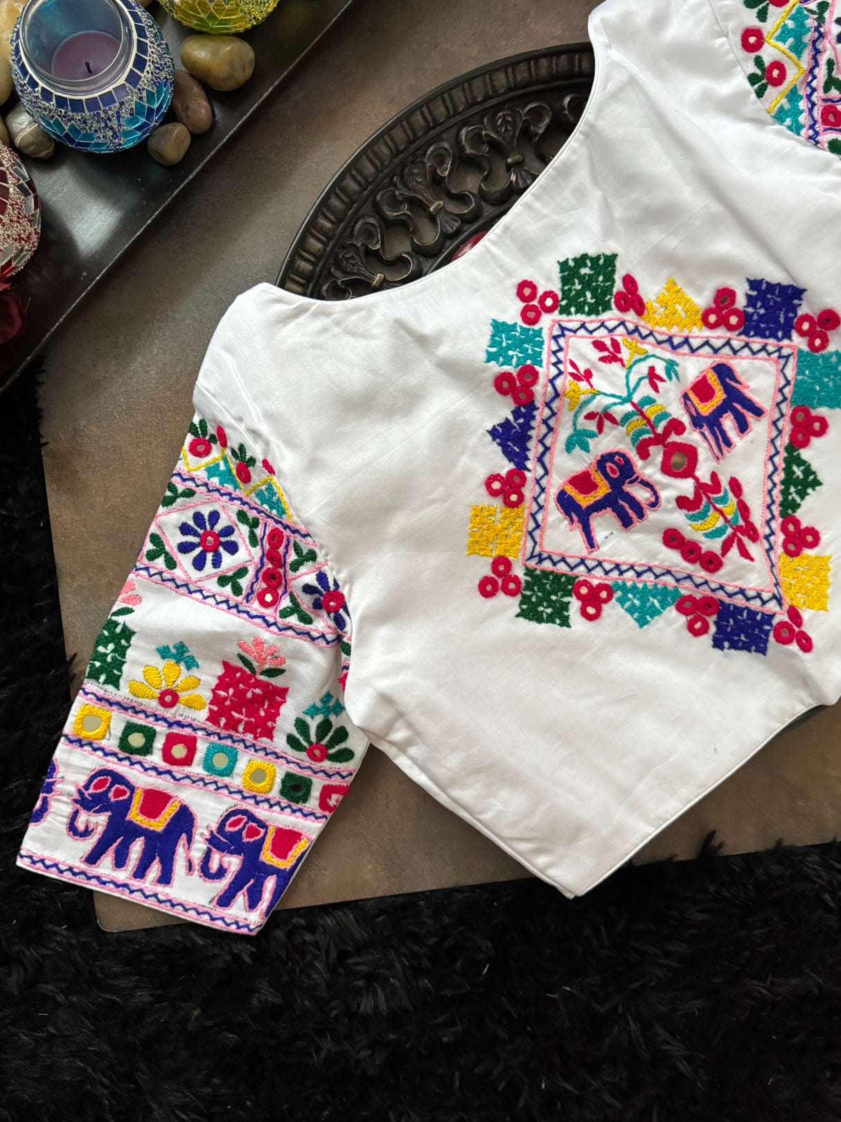 White Hand Embroidered Blouse 38 Elephant design