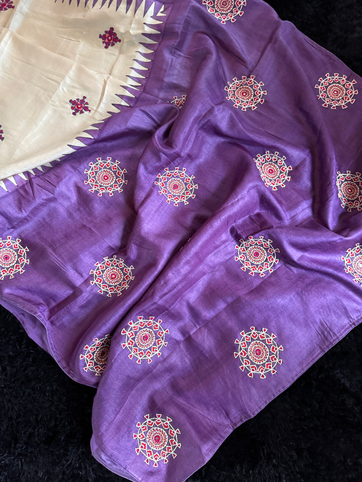 White Purple Kutch Work Tussar Silk
