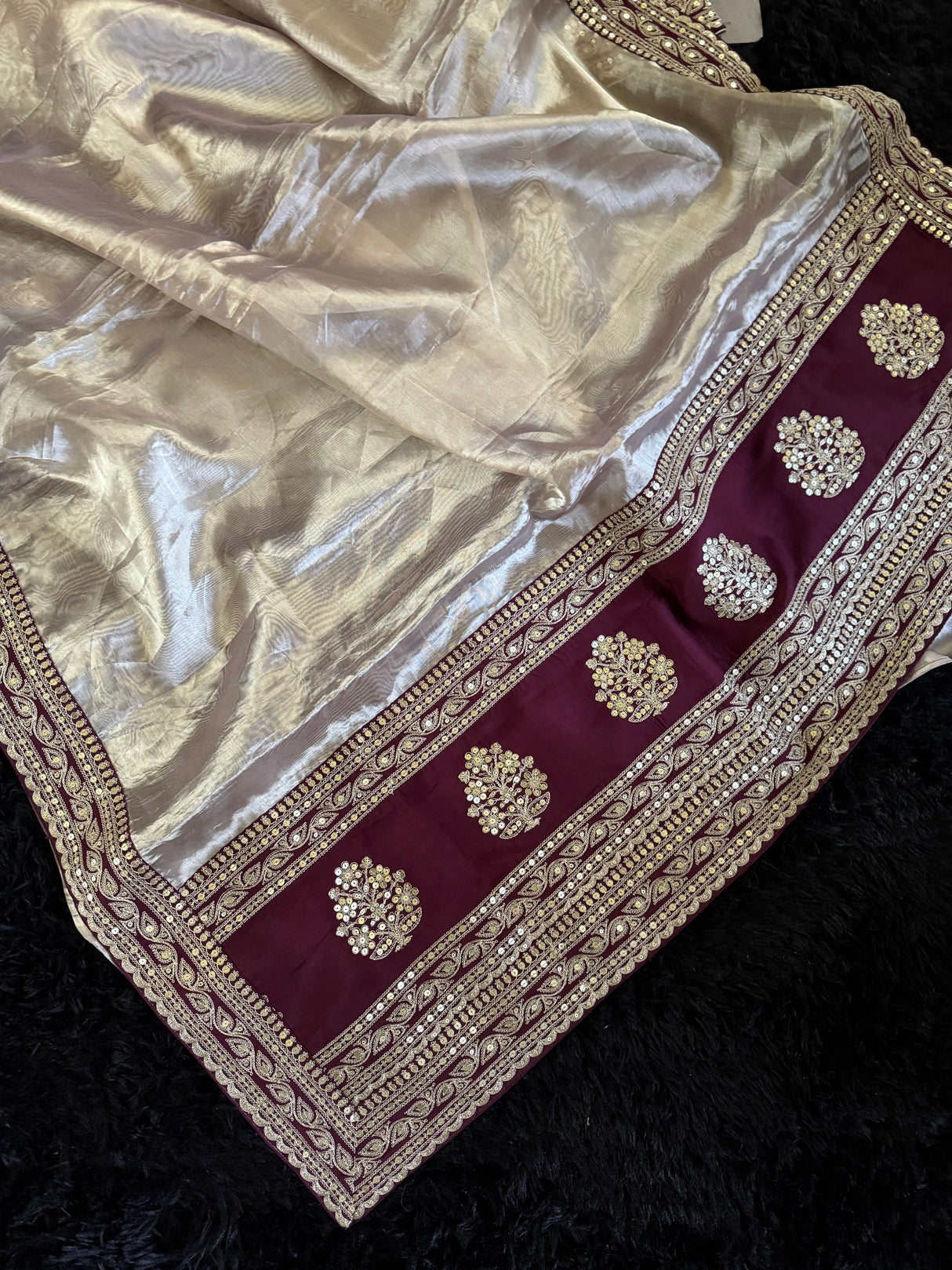 Tissue Kora With Sabyasachi Borders and Wine Designer Blouse