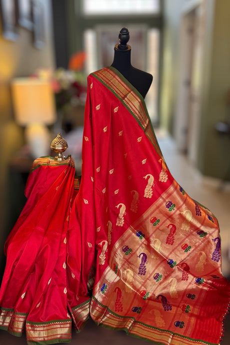 Red Yeola Paithani Narali Border Handloom Pure Silk
