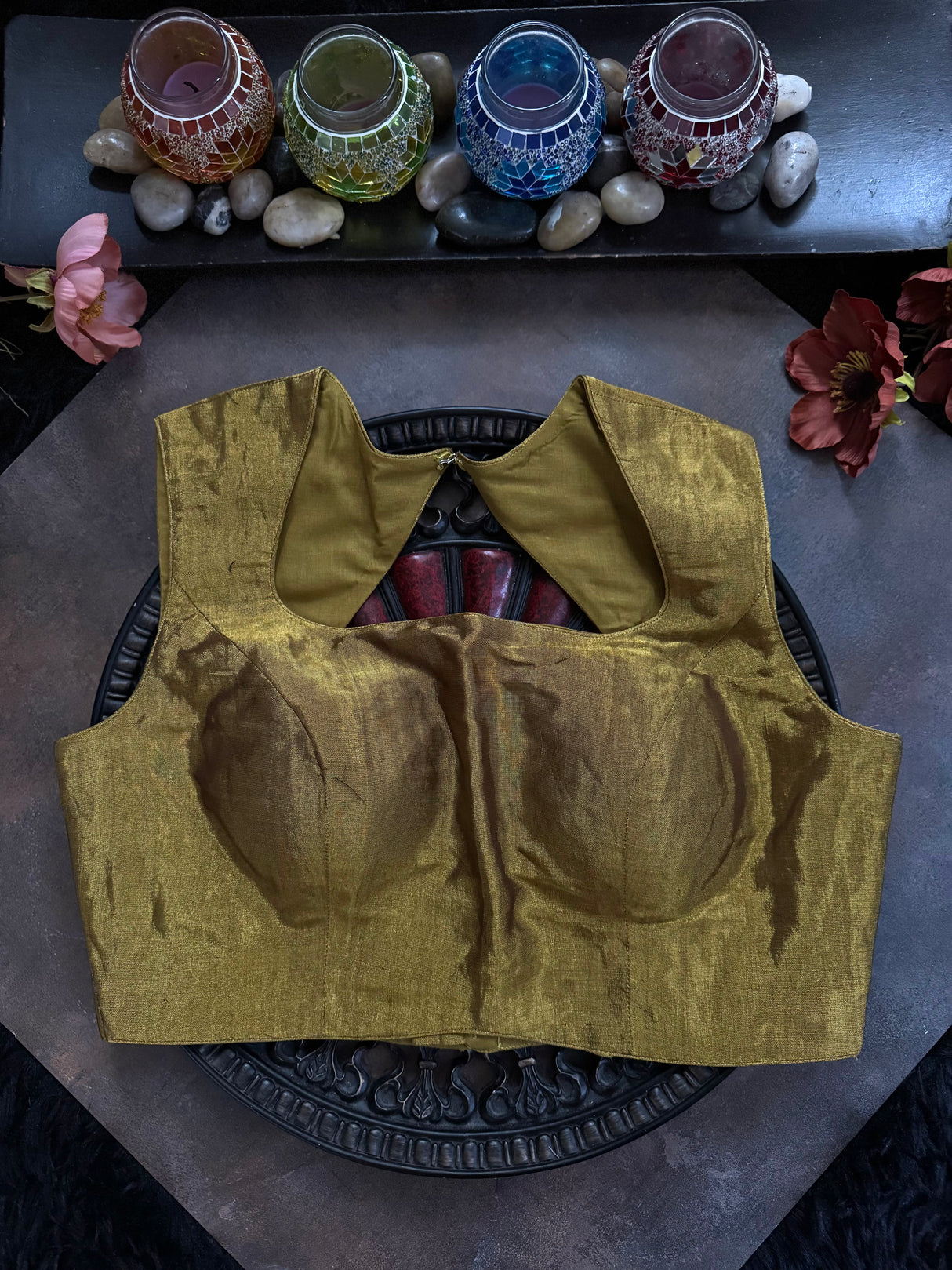 Mustard Antique Gold Tissue Closed Shoulder Sleeveless Blouse 36