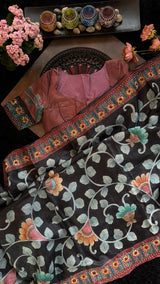 Black Tussar Silk Hand Painted