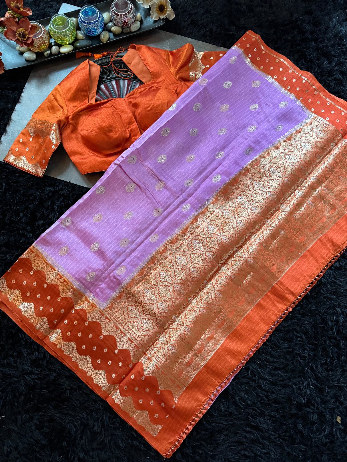 Lavender Orange Banaras Raw Mango Silk