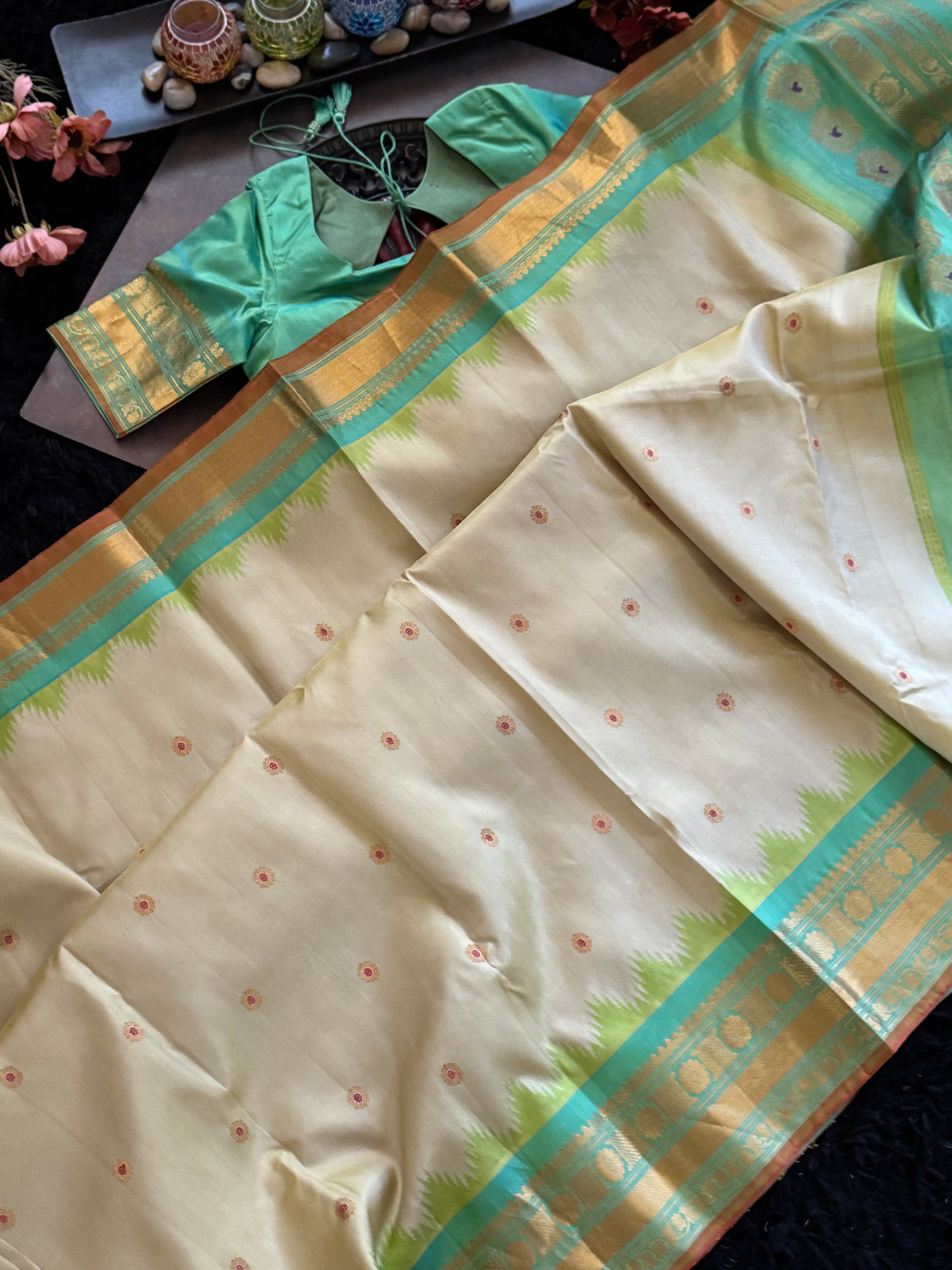 Beige Aqua Gadwal Handloom Pure Silk