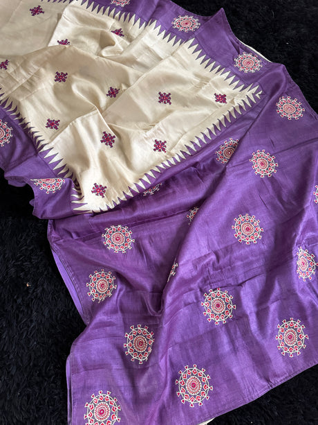 White Purple Kutch Work Tussar Silk